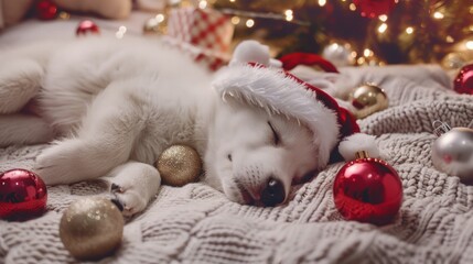 A white dog laying on a blanket next to various Christmas ornaments, in a cozy holiday setting