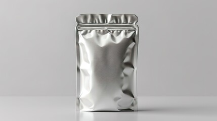 Blank silver package with copy space for text. Bank pouch on isolated background. Mockup of pouch.