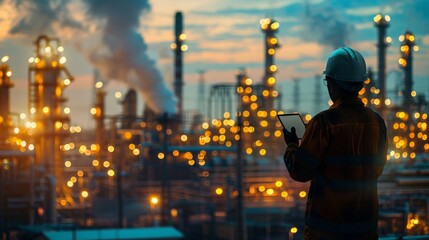 A man stands in front of a factory emitting thick smoke, holding a tablet. The factory appears to be in full operation - obrazy, fototapety, plakaty