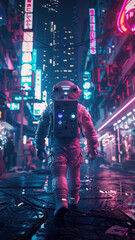 Fototapeta na wymiar An astronaut explores an urban landscape bathed in neon lights, reflecting a futuristic city nightlife ambiance.
