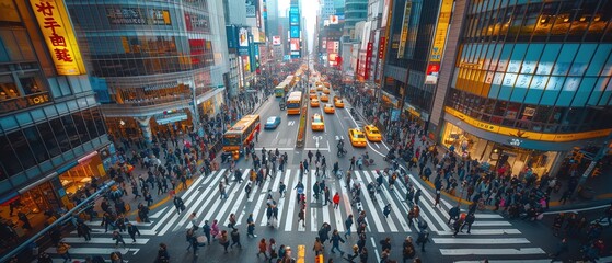 Busy urban downtown with crowd in motion. Dynamic city scene with pedestrians and cars.
