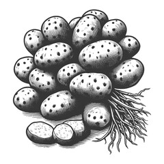 Potato tubers food plant sketch engraving generative ai raster illustration. Scratch board imitation. Black and white image.