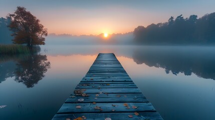 Serene sunrise over misty lake and rustic wooden pier. Concept Nature Photography, Sunrise Serenity, Misty Lake, Rustic Wooden Pier, Outdoor Morning Beauty - obrazy, fototapety, plakaty