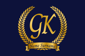 Initial letter G and K, GK monogram logo design with laurel wreath. Luxury golden calligraphy font.