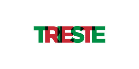Trieste in the Italia emblem. The design features a geometric style, vector illustration with bold typography in a modern font. The graphic slogan lettering.