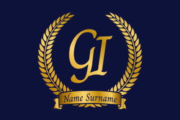 Initial letter G and I, GI monogram logo design with laurel wreath. Luxury golden calligraphy font.