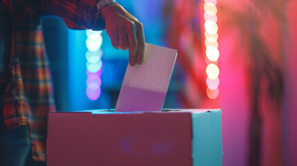 A person is inserting a piece of paper into a ballot box in a minimalistic setting - obrazy, fototapety, plakaty