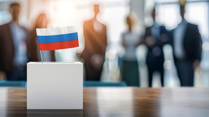 Obraz premium Group of diverse people gathered around a table with a small flag placed on it