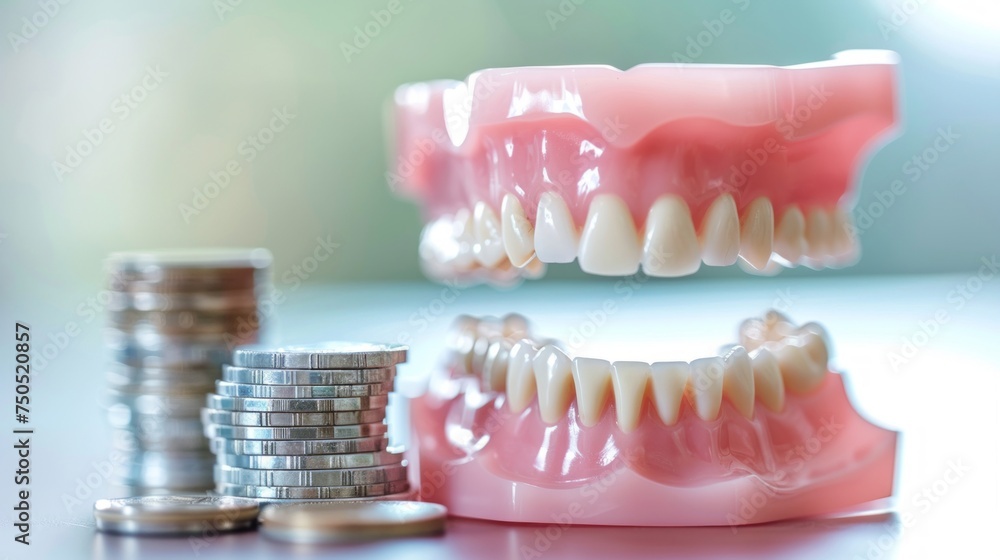 Poster a collection of coins stacked next to a single fake tooth, showcasing a unique juxtaposition of obje