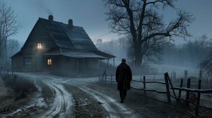 A man is walking down a snow-covered road towards a house on a misty night - Powered by Adobe