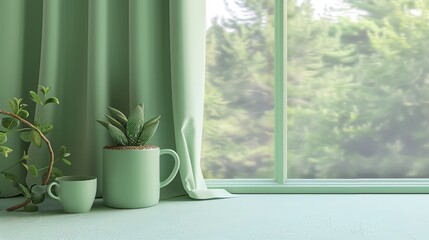 well-lit room with green curtains showcases a potted plant on the window sill, creating a touch of nature indoors
