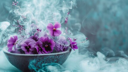 A bowl filled with purple flowers resting on a wooden table, surrounded by mystical swirls of smoke