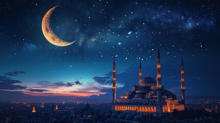 Naklejka premium beautiful mosque with crescent and starry sky in the background, concept on the holiday of Ramadan, banner