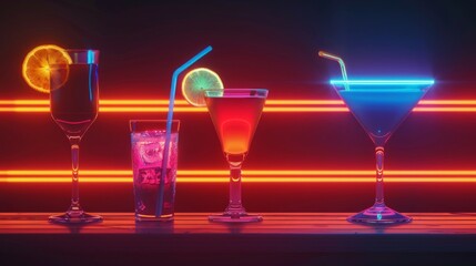 Various vibrant colored cocktails lined up neatly on a table in a bar setting