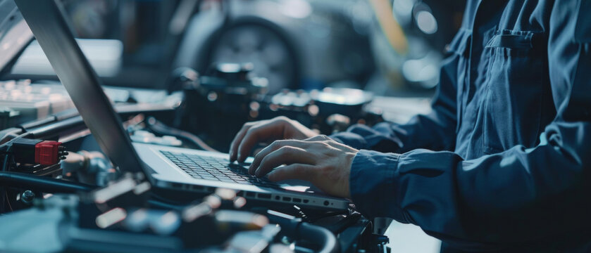 A mechanic utilizes a laptop for car diagnostics, showcasing modern automotive technology.