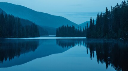 A large body of water, surrounded by a dense forest of trees, under the quiet night sky