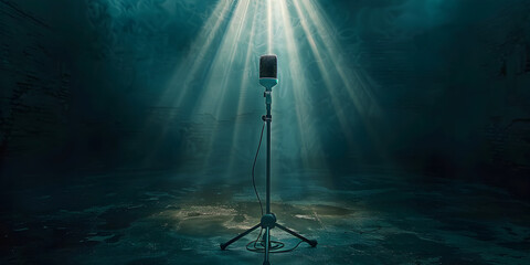 Microphone on stage with stage-lights and fog, Microphone Spotlight - obrazy, fototapety, plakaty