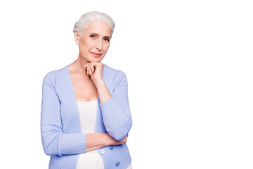 Gray haired happy beautiful smiling old lady thinking about life, copy space, isolated over violet...