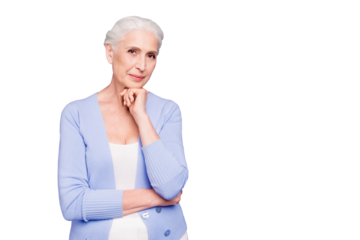 Gray haired happy beautiful smiling old lady thinking about life, copy space, isolated over violet background