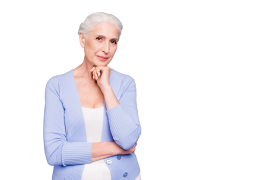 Gray haired happy beautiful smiling old lady thinking about life, copy space, isolated over violet background