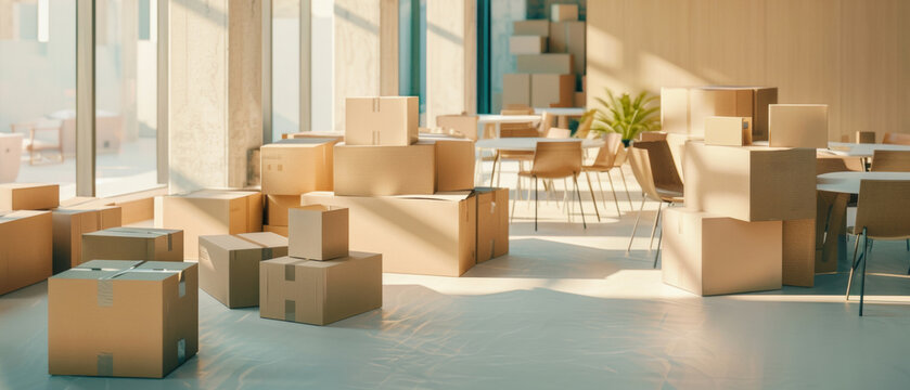 An empty, sunlit office space with scattered moving boxes marks a fresh start.