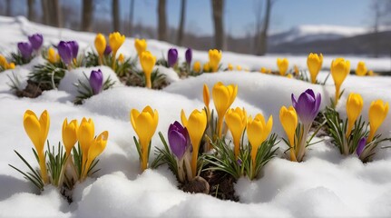 Spring Crocuses sprouted up from the ground. a warmer days ahead. Breaking Through Snow. Bright yellow crocuses emerge from the snow, sunlight