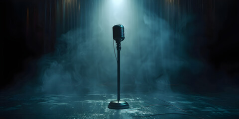 Silver microphone stand on dark stage with limelight. Vintage silver microphone with Chair in the volumetric light - obrazy, fototapety, plakaty