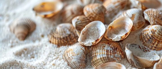 background of sea shells close-up on white sea sand