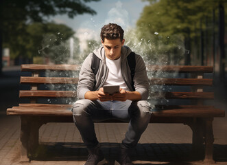 Obraz premium A man sitting on a bench and holding a cell phone