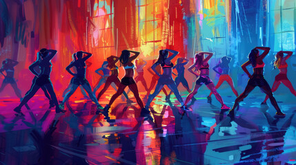 A troupe of dancers moving in sync against a backdrop of vivid, colorful brushstrokes, capturing the energy of a twilight performance - obrazy, fototapety, plakaty