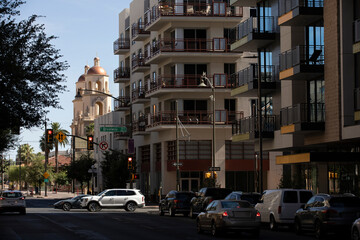 Afternoon view of a historic church and downtown skyline of Tucson, Arizona, USA.