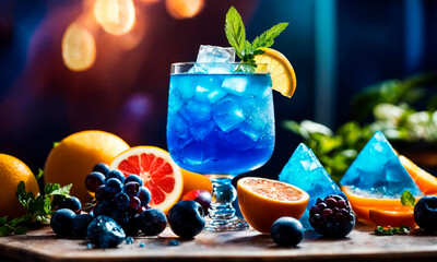 blue lagoon cocktail in a glass. Selective focus. - obrazy, fototapety, plakaty
