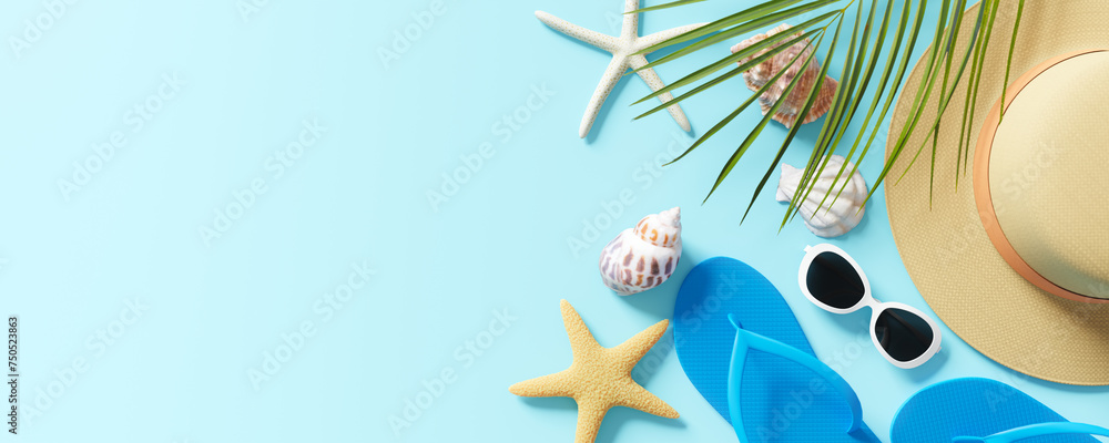 Poster copy space background with summer travel accessories.3d rendering