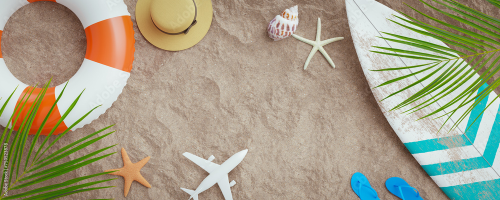 Poster copy space background with summer travel accessories.3d rendering