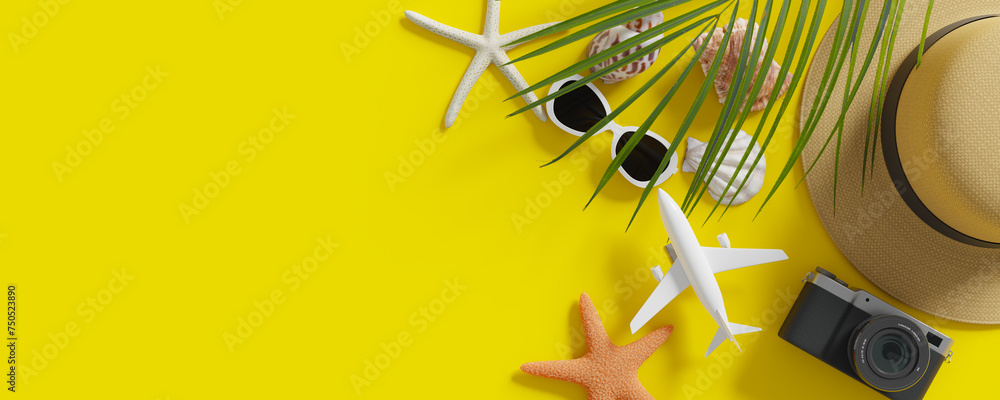 Poster copy space background with summer travel accessories.3d rendering
