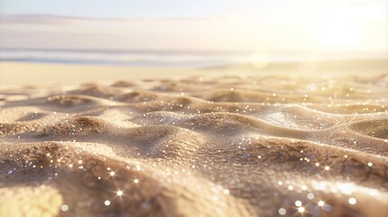 Close-up of sandy beach with Mediterranean ocean in background, realistic digital art in 4K.  - Powered by Adobe