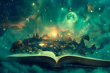 Open book concept for fairy tale and fiction storytelling - obrazy, fototapety, plakaty