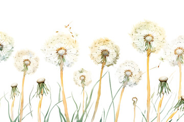 Dandelion Seeds Blowing in Wind on White Background
