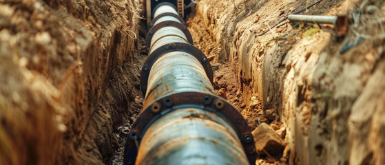 Fototapeta premium Underground pipeline installation in a deep trench, highlighting industrial infrastructure.