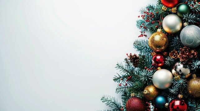 New Year banner. close-up of half of the tree, decorated with various 80's style toys, and then all the free space. space for text on white background concept christmas, decoration, poster