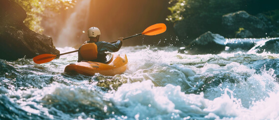 A kayaker braves the vibrant rapids, paddle in motion, amidst nature's splashy play. - obrazy, fototapety, plakaty