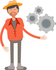 Farmer Character Holding Gears
