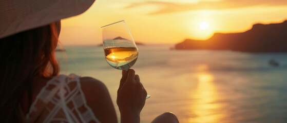 Twilight toast with a glass of wine overlooking a tranquil sea view. - obrazy, fototapety, plakaty