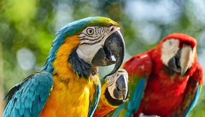 blue and yellow macaw and a scarlet macaw