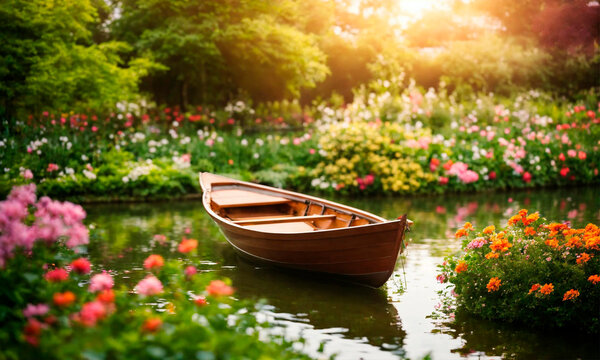boat on the river with flowers. Selective focus.