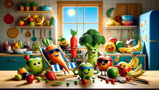 This AI-generated image showcases a cheerful assembly of photorealistic fruit and vegetable characters in a sunlit kitchen, brimming with personality and charm.