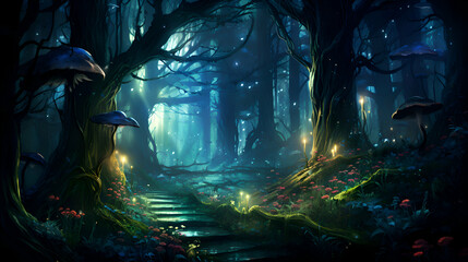 Mystical dark forest with glowing trees and mushrooms. 3D rendering