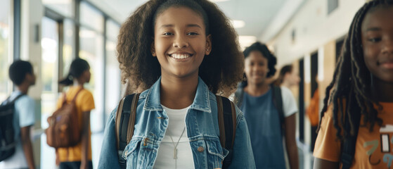 Smiling, confident young girl in school hall with diverse classmates. - Powered by Adobe