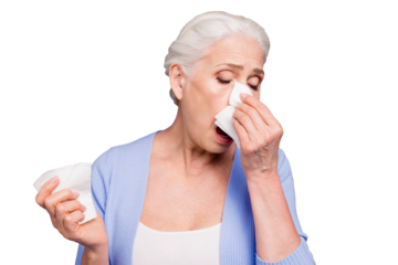 Grey haired old beautiful caucasian woman wearing casual suffering from fever, coughing, sneezing. Isolated over violet pastel background