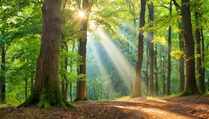beautiful rays of sunlight in a green summer oak forest